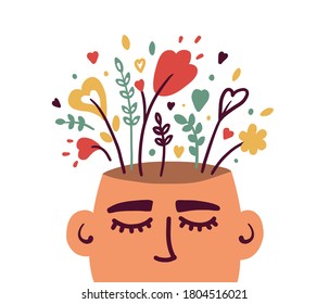 Mental health, psychology vector concept. Human head with flowers inside. Positive thinking, self care, healthy slow life. Wellbeing, wellness mind. Acceptance, blooming brain abstract illustration 