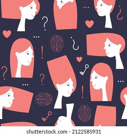 Mental health, psychology vector concept.  Seamless pattern of girl head with pink hair on a dark background. Positive thinking, self care, creative process, decision-making.