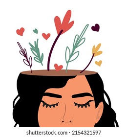 Mental health, psychology vector concept. Human head with flowers inside. Positive thinking, self-care, slow and healthy life. Wellness, wellness mind.