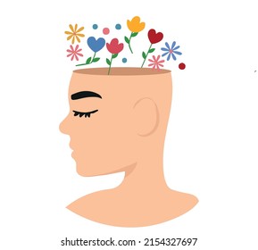 Mental health, psychology vector concept. Human head with flowers inside. Positive thinking, self-care, slow and healthy life.