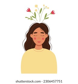 Salud mental, concepto de vector psicológico. Chica con flores en la cabeza. Pensamiento positivo.