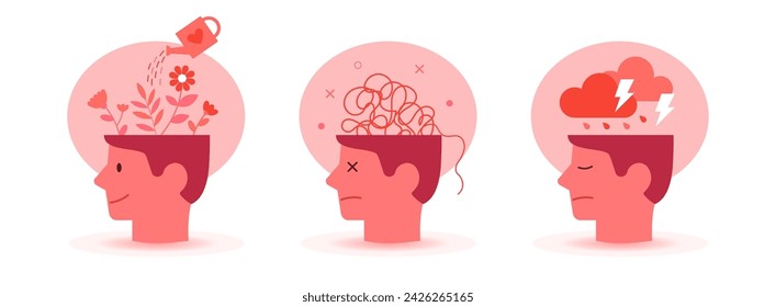Mental health and psychotherapy concept illustration. Collection of illustrations of human heads. Vector illustrations set.