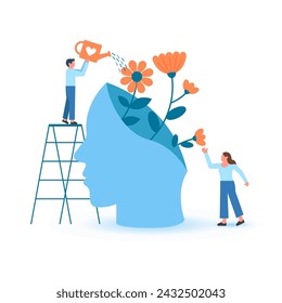 Mental health and psychotherapy concept illustration. Collections of therapy against Loneliness, Illness, Brain Development, or Hopelessness. Vector illustrations set.