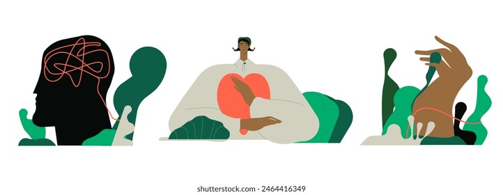 Mental health and psychotherapy concept illustration. Collections of characters take care of mentality, learn self accepting and love yourself. Vector illustrations set.