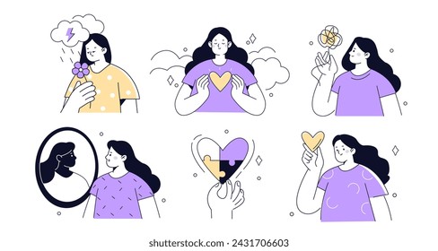 Mental health and psychotherapy concept set. Collections of character take care of mentality, learn self accepting and love yourself. Vector illustrations isolated on white background 