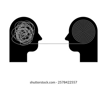 mental health psychotherapy. Confused thoughts and structured thoughts in the head. Tangle in the head and spiral