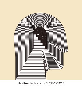 Mental health psychotherapy or inner world or meditation concept with side view human head silhouette with door and stairways inside. Conceptual vector illustration