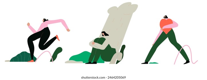 Mental health, psychotherapy and selfcare concept illustration. Collections of character take care of mentality, learn self accepting and love yourself. Vector illustrations set. 