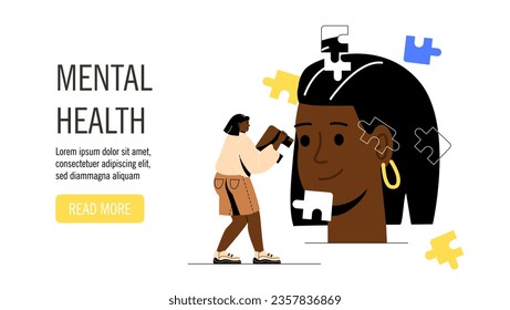 Mental health puzzle banner concept. Psychology and awareness. Help and support. Selfconfidence and acceptance. Template, layout and mock up. Cartoon flat vector illustration