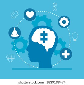 mental health of puzzle on brain in head and icon set design, mind psychology and idea theme Vector illustration