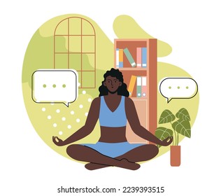 Mental health recovering. Young woman restores her psychological and emotional state through meditation and yoga practices. Getting rid of internal problems. Cartoon flat vector illustration