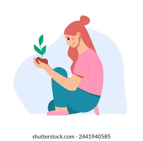 Mental Health Recovery, Inner Self Concept. Woman Holding a Growing Tree. Flat Vector Illustration.