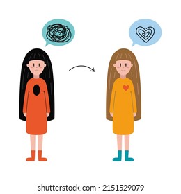 Mental health recovery, psychology concept. Girl releasing from psychological problems, cartoon style. Trendy modern vector illustration.