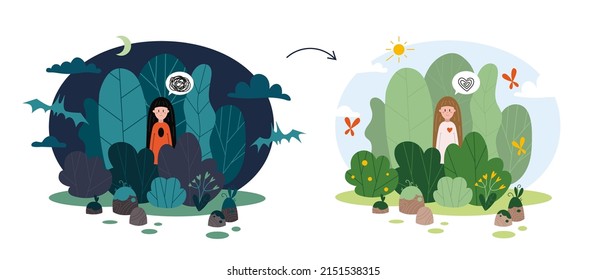 Mental health recovery, psychology concept. Self-rehabilitation process. Releasing from psychological problems. Nature scene forest and girl, cartoon style. Trendy modern vector illustration.