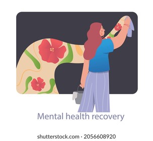 Mental health recovery. Woman erases black borders in her mind and begins happy life. Getting rid of psychological problems. Cartoon modern flat vector illustration isolated on white background