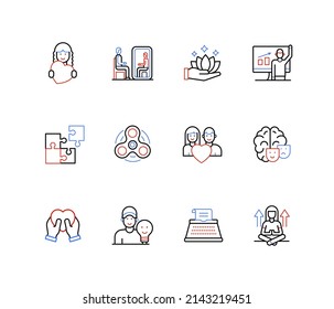 Mental health and relaxation - line design style icons with editable stroke. Share love, yoga, psychological analysis, couple relationships, sublimation into creativity, mood swings, love, self-care