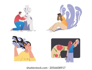 Mental health restoring. Young men and women solve their psychological problems. Emotional instability and fears. Treatment and recovery. Cartoon flat vector collection isolated on white background