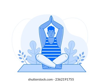 Mental health scene with agender person doing yoga asana and meditating on nature background. Plus size man or woman sitting in lotus pose with namaste hands. Inner harmony line art concept.