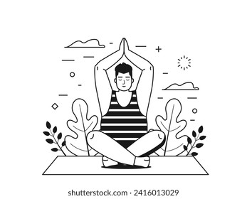 Psychische Gesundheitsszene mit agender Person, die Yoga asana macht und auf Naturhintergrund meditiert. Außerdem ist die Größe Mann oder Frau in Lotus Pose mit namenhaften Händen. Inner Harmony Line Art Konzept.