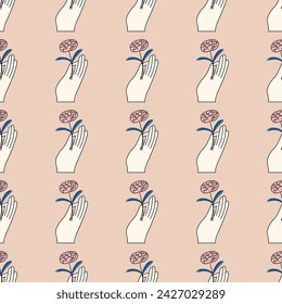 Mental health seamless pattern with hand and brain. The concept of taking care of your mental health. Vector illustration.