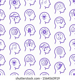 Mental Health Seamless Pattern With Thin Line Icons: Mental Growth, Negative Thinking, Emotional Reasoning, Logical Plan, Obsession, Brilliant Thought, Self Identity. Modern Vector Illustration.