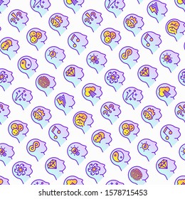 Mental health seamless pattern with thin line icons: mental growth, negative thinking, logical plan, obsession, inner dialogue, balance, brilliant thought, self identity. Modern vector illustration.