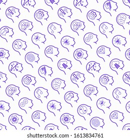 Mental Health Seamless Pattern With Thin Line Icons: Mental Growth, Negative Thinking, Emotional Reasoning, Logical Plan, Obsession, Balance, Brilliant Thought, Self Identity. Vector Illustration