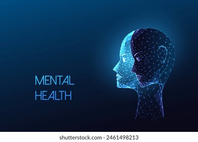 Mental health, self awareness, inner exploration futuristic concept with symbolic portrayal of inner struggles in glowing polygonal style on dark blue background. Abstract design vector illustration