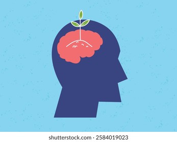 Mental health, self care concept, human head icon with brain and leaves