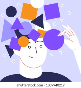 Mental health self help concept flat illustration. A person with abstract geometric figures coming from their head. Character holds one of the pieces with puzzeld facial expression.