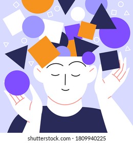 Mental health self help concept flat illustration. A person with abstract geometric figures coming from their head. Peaceful vibe