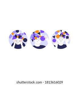 Ilustración plana del concepto de autoayuda en salud mental. Una persona con figuras geométricas abstractas viniendo de su cabeza. Retratos recortados en círculos