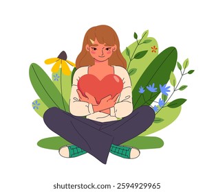 Mental health. Self love, healthy mindset and wellbeing. Happy young woman sitting in lotus position and hugging heart. Psychotherapy and positive thinking. Flat doodle vector illustration