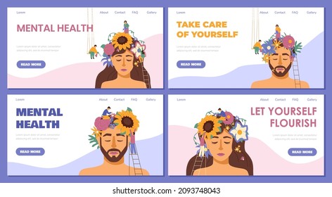 Mental health and self love landing page with blooming flowers on peoples head, flat vector illustration. Men and women with calm faces, set of website design for psychology or psychotherapy.