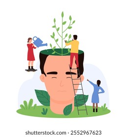 Mental health, self mind development and wellness, counseling for positive thoughts. Tiny people on ladder watering and growing green tree inside open brain of human head cartoon vector illustration