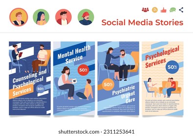 El servicio de salud mental ayuda psicológica venta historias de medios sociales ilustran vectores. Trastorno por enfermedad mental psicólogo apoyo descuento en internet publicidad conciencia de bienestar