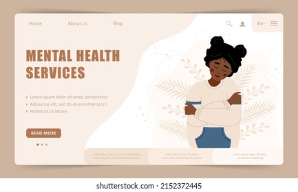 Mental health service. Landing page template. Happy african woman hugging herself. Smiling teenager enjoys her freedom. Vector illustration in flat cartoon style.