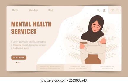 Mental Health Service. Landing Page Template. Happy Arab Woman Hugging Herself. Smiling Teenager Enjoys Her Freedom. Vector Illustration In Flat Cartoon Style.