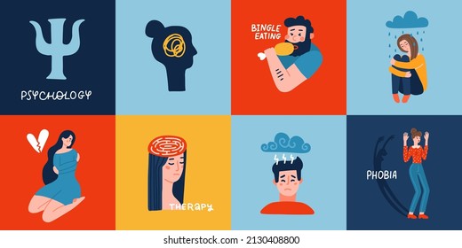 Conjunto de salud mental. Los personajes con trastorno mental luchan contra el estrés, la depresión, el agotamiento emocional y otros problemas psicológicos. Concepto de metáfora de psicoterapia. Ilustración plana vectorial.