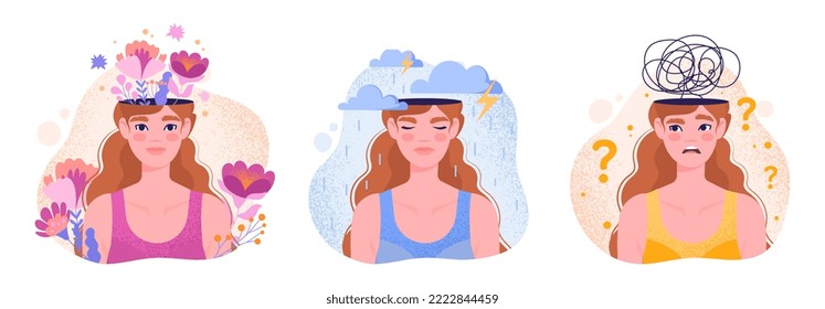 Mental health set. Collection of abstract portraits of woman in different moods. Feelings, facial expressions and gestures, emotions. Cartoon flat vector illustrations isolated on white background