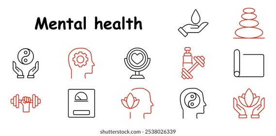 Icono de conjunto de salud mental. Equilibrio, pesas, mente, yin-yang, bienestar, hidratación, meditación, ejercicio, cuidado personal, enfoque, paz, relajación