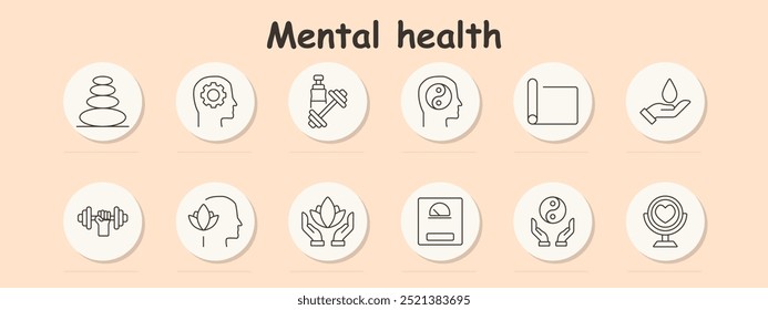 Mental health set icon. Balanced stones, cog in head, dumbbells, mind balance, yoga mat, water in hand, dumbbells, head with flower, hands with lotus, weighing scale, yin-yang, self-reflection mirror.