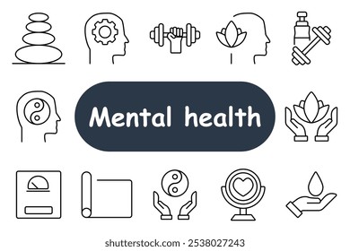 Icono de conjunto de salud mental. Cerebro con equipo, pesas, flores, manos de meditación, báscula, corazón y estera de yoga. Ideal para el bienestar, la salud mental y la atención plena