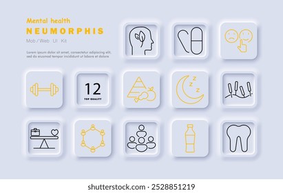 Ícone do conjunto de saúde mental. Sensação de depressão, atenção plena, medicina, humor, nutrição, sono, acupuntura, equilíbrio mental, meditação, hidratação, trabalho em equipe, saúde dentária.