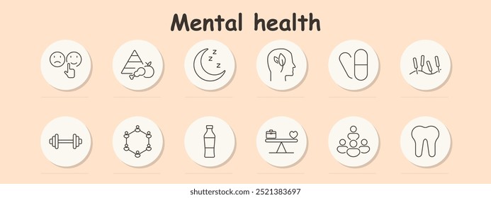 Mental health set icon. Emotions, nutrition pyramid, sleep, ear with mind, pill, acupuncture needles, dumbbell, circle of people, water bottle, work-life balance, group therapy, tooth.