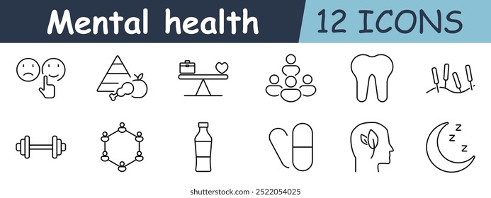 Icono de conjunto de salud mental. Cara feliz, cara triste, pirámide, equilibrio, grupo, diente, acupuntura, mancuerna, molécula, botella de agua, píldoras, sueño