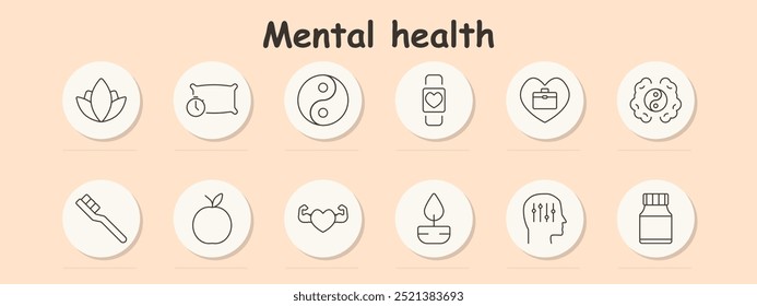 Icono de conjunto de salud mental. Lotus, sueño, yin-yang, reloj inteligente con corazón, kit de bienestar, cerebro con yin-yang, cepillo de dientes, manzana, corazón con músculos, vela, cabeza con circuitos, botella de medicina.