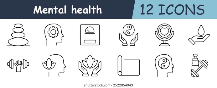 Mental health set icon. Lotus flower, pillow, oil diffuser, head, pill bottle, balance, toothbrush, fruit, muscles, health, fitness, wellness