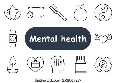 Mental health set icon. Lotus flower, sleep clock, toothbrush, apple, heart monitor, brain with circuits. Perfect for self-care, mental wellness, and healthy habits