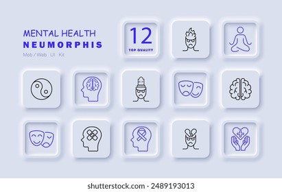 Mental health set icon. Meditation, brain, emotions, therapy, mind, balance, psychology, wellness, anxiety, stress, counseling, mental illness, self-care, health.